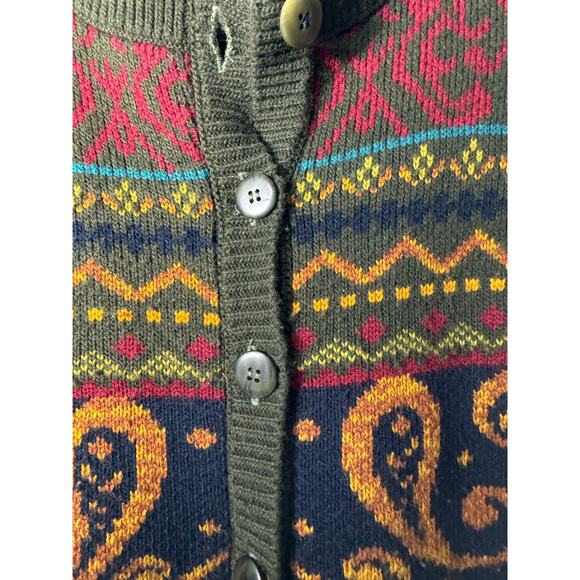 VTG Norton McNaughton Olive Green Mixed Print Knit Cardigan Sweater USA Small - Picture 3 of 9